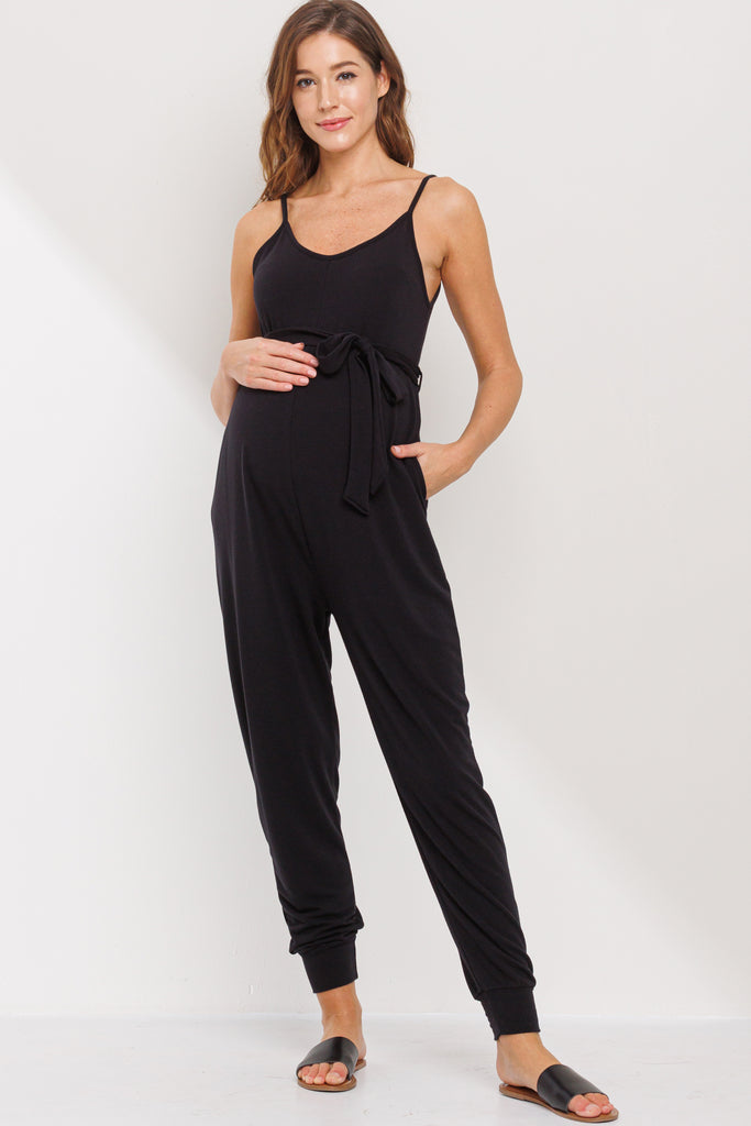 Black Sleeveless Belted Maternity Jumpsuit