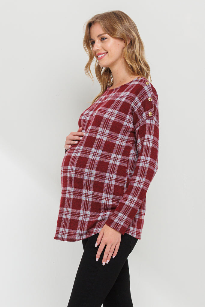 Burgundy Plaid Boat Neck Long Sleeve Maternity Top