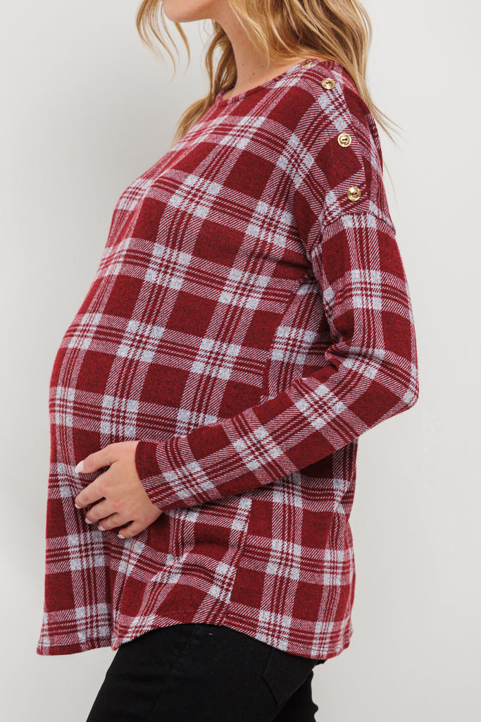 Burgundy Plaid Boat Neck Long Sleeve Maternity Top