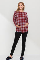 Burgundy Plaid Boat Neck Long Sleeve Maternity Top