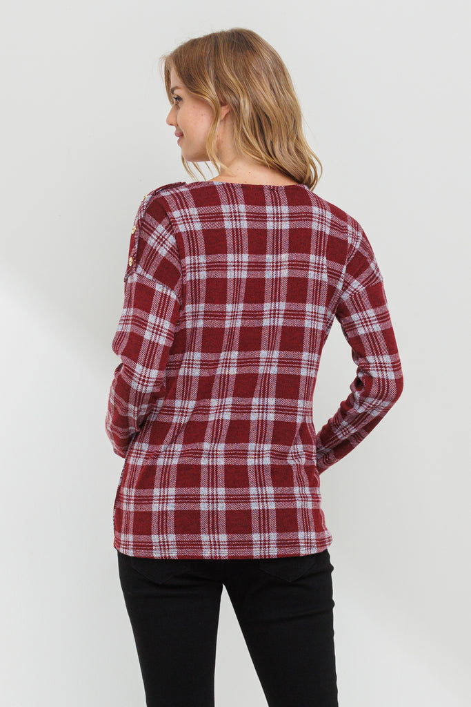 Burgundy Plaid Boat Neck Long Sleeve Maternity Top