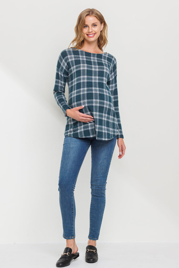 Green Plaid Boat Neck Long Sleeve Maternity Top