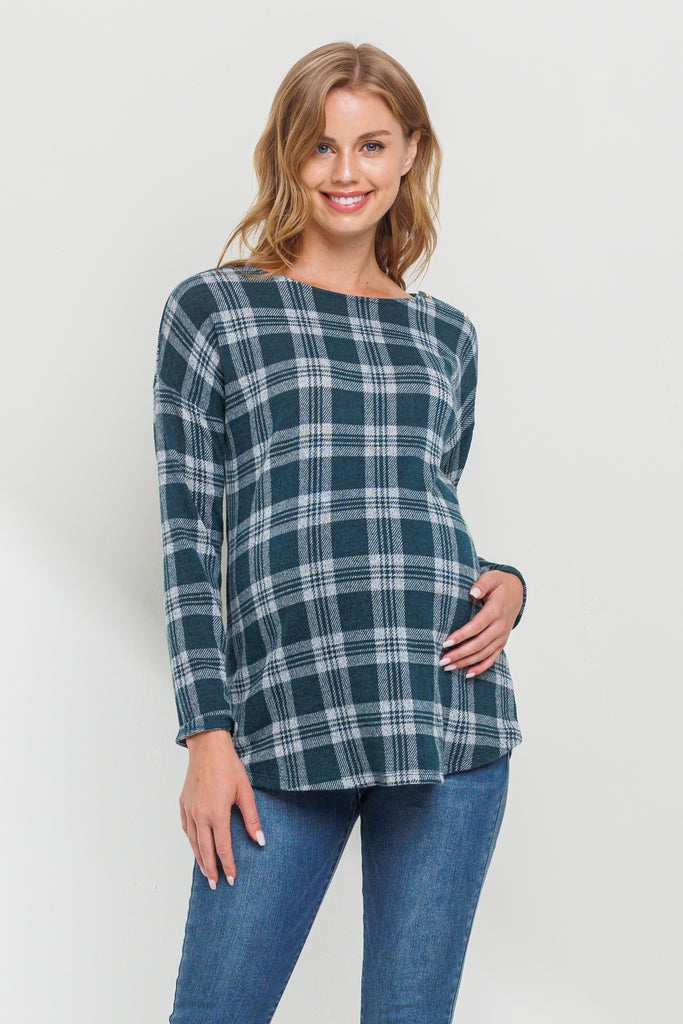 Green Plaid Boat Neck Long Sleeve Maternity Top