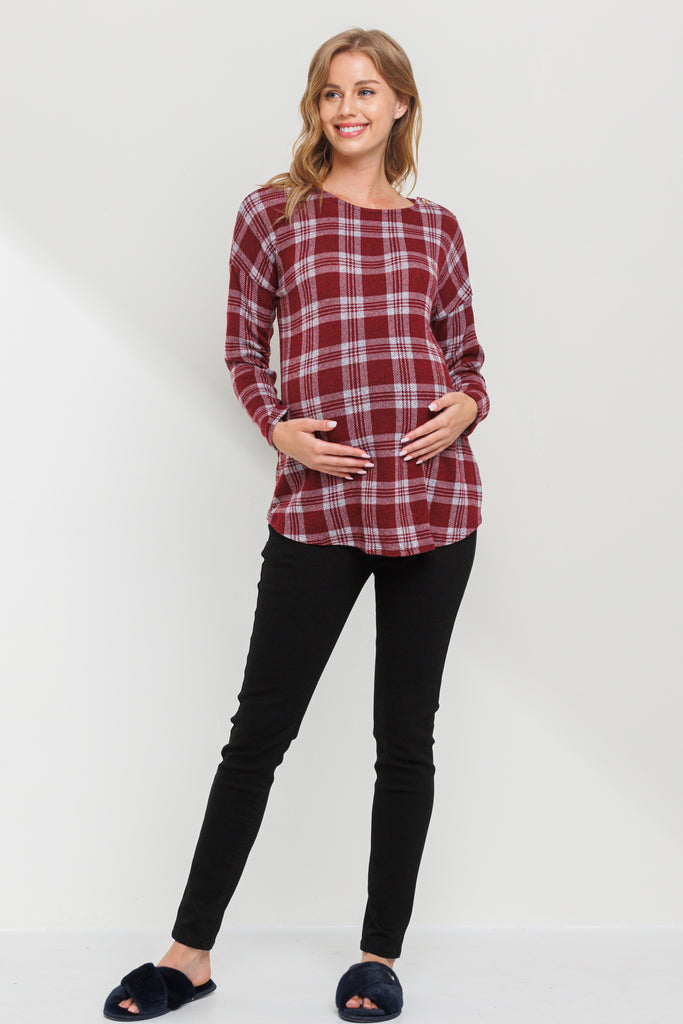 Burgundy Plaid Boat Neck Long Sleeve Maternity Top