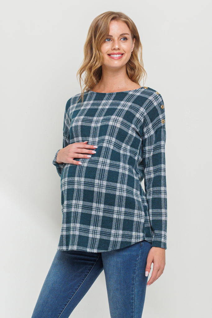 Green Plaid Boat Neck Long Sleeve Maternity Top