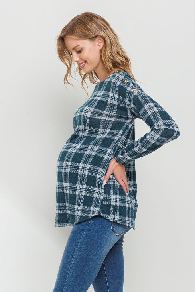 Green Plaid Boat Neck Long Sleeve Maternity Top