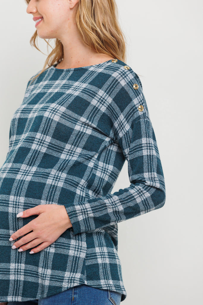 Green Plaid Boat Neck Long Sleeve Maternity Top