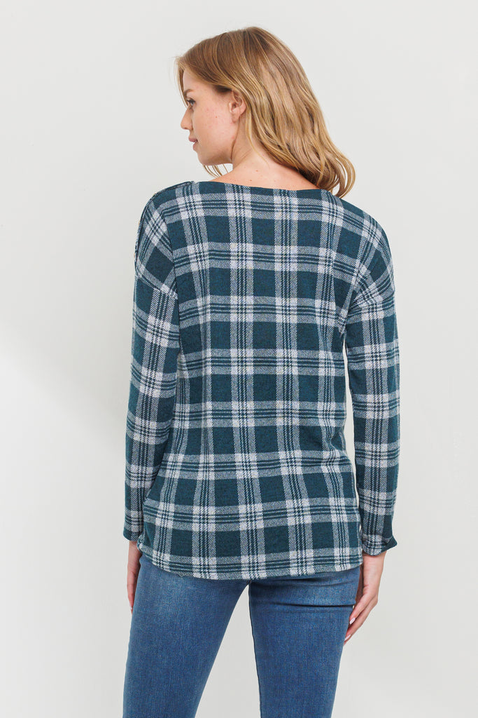 Green Plaid Boat Neck Long Sleeve Maternity Top