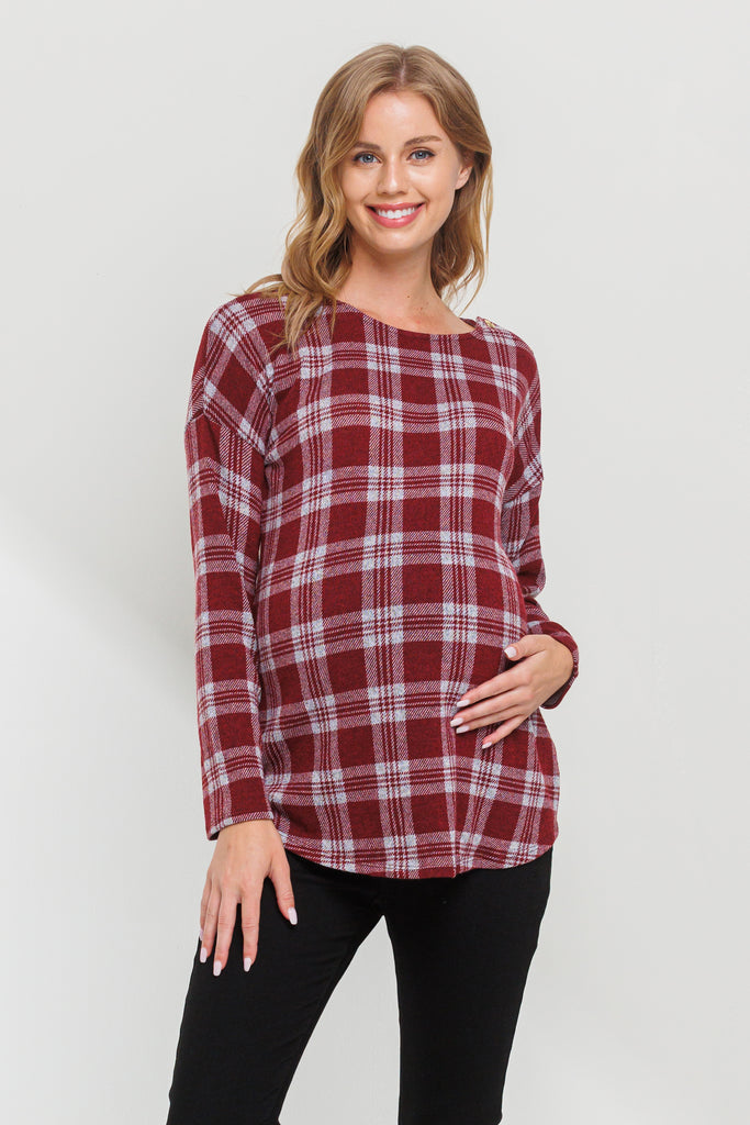 Burgundy Plaid Boat Neck Long Sleeve Maternity Top