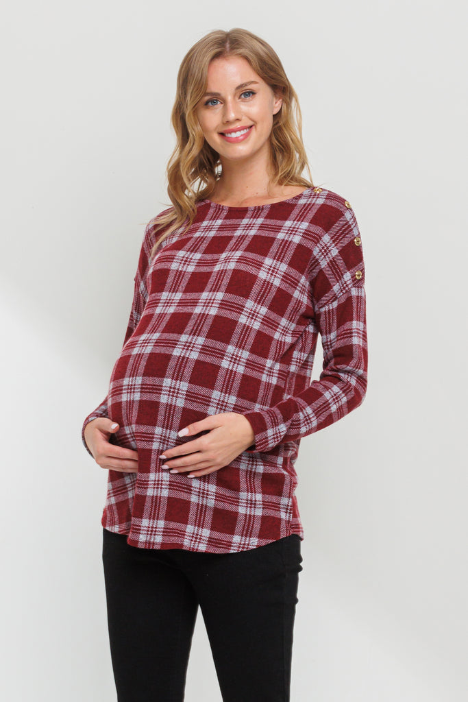 Burgundy Plaid Boat Neck Long Sleeve Maternity Top