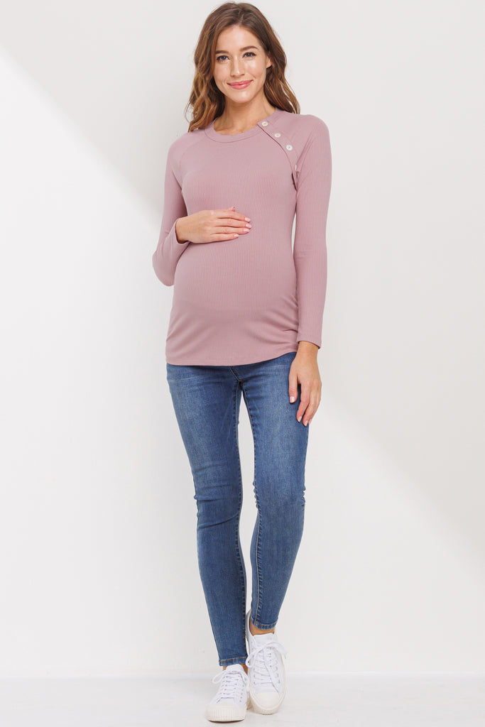 Dusty Pink Round Neck Button Detail Maternity Top