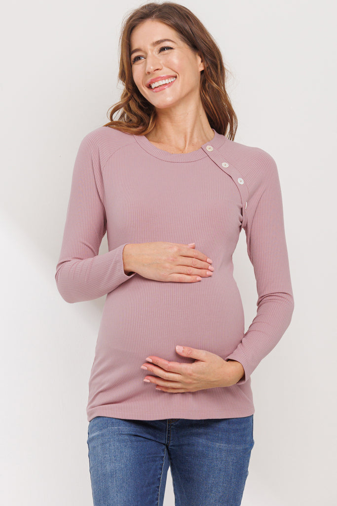 Dusty Pink Round Neck Button Detail Maternity Top
