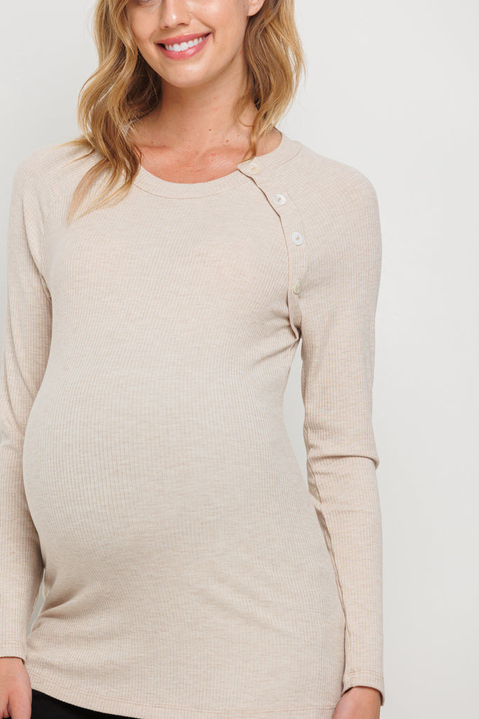 Oatmeal Round Neck Button Detail Maternity Top