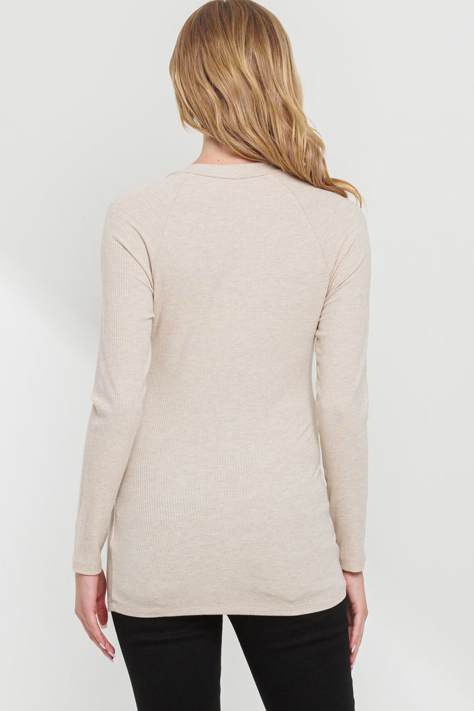 Oatmeal Round Neck Button Detail Maternity Top