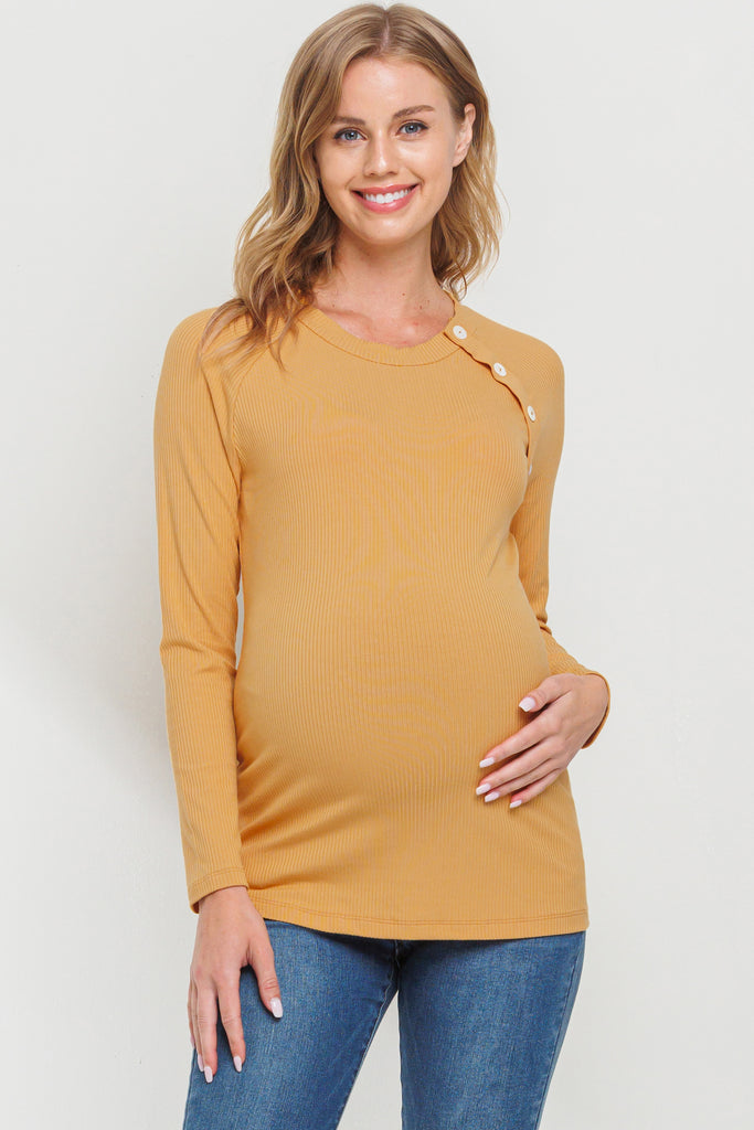 Mustard Round Neck Button Detail Maternity Top