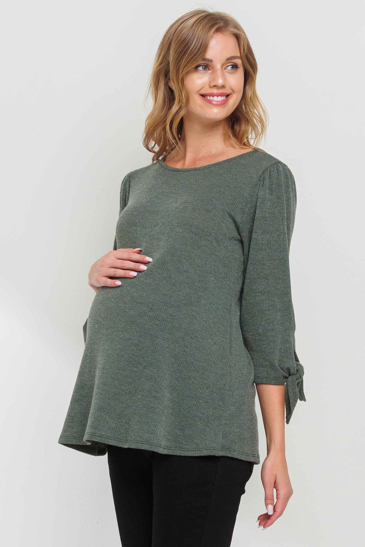 Olive Knit 3/4 Tie-Sleeve Maternity Top