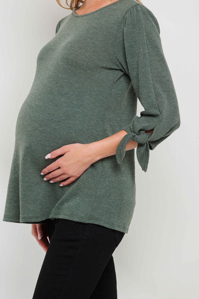 Olive Knit 3/4 Tie-Sleeve Maternity Top