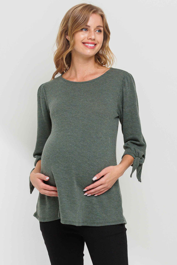 Olive Knit 3/4 Tie-Sleeve Maternity Top