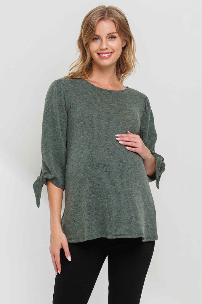 Olive Knit 3/4 Tie-Sleeve Maternity Top