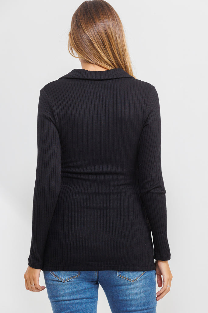 Black Rib Knit Collared V-Neck Maternity Top