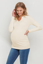 Cream Rib Knit Collared V-Neck Maternity Top