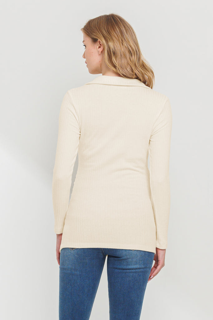 Cream Rib Knit Collared V-Neck Maternity Top