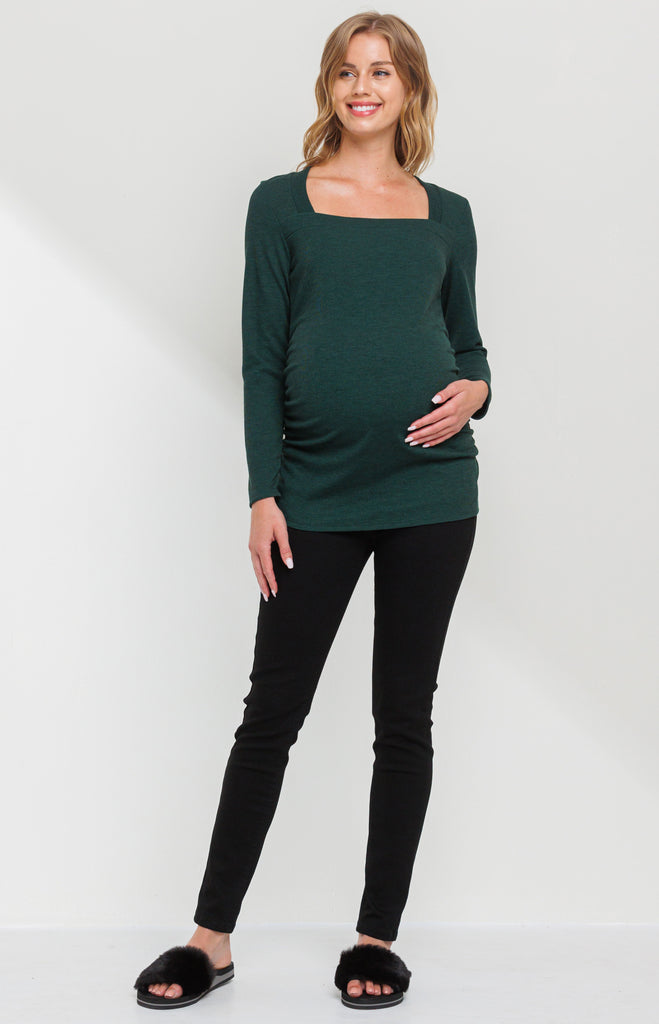 Hunter Green Square Neck Ruched Side Maternity Top