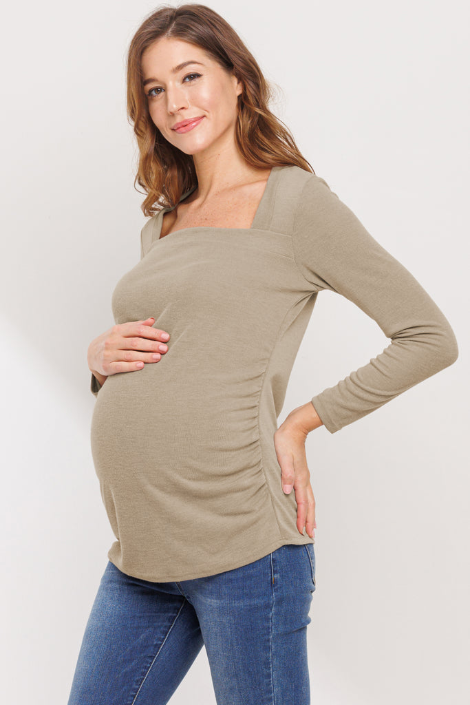 Taupe Square Neck Ruched Side Maternity Top