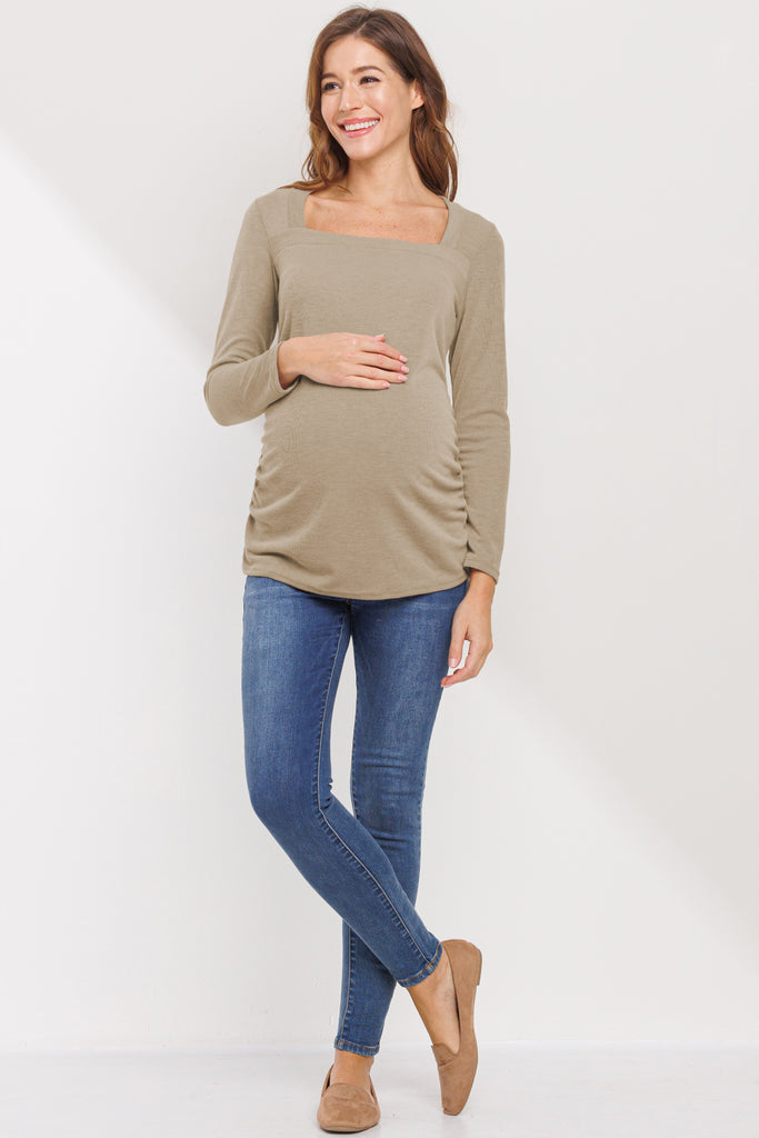 Taupe Square Neck Ruched Side Maternity Top