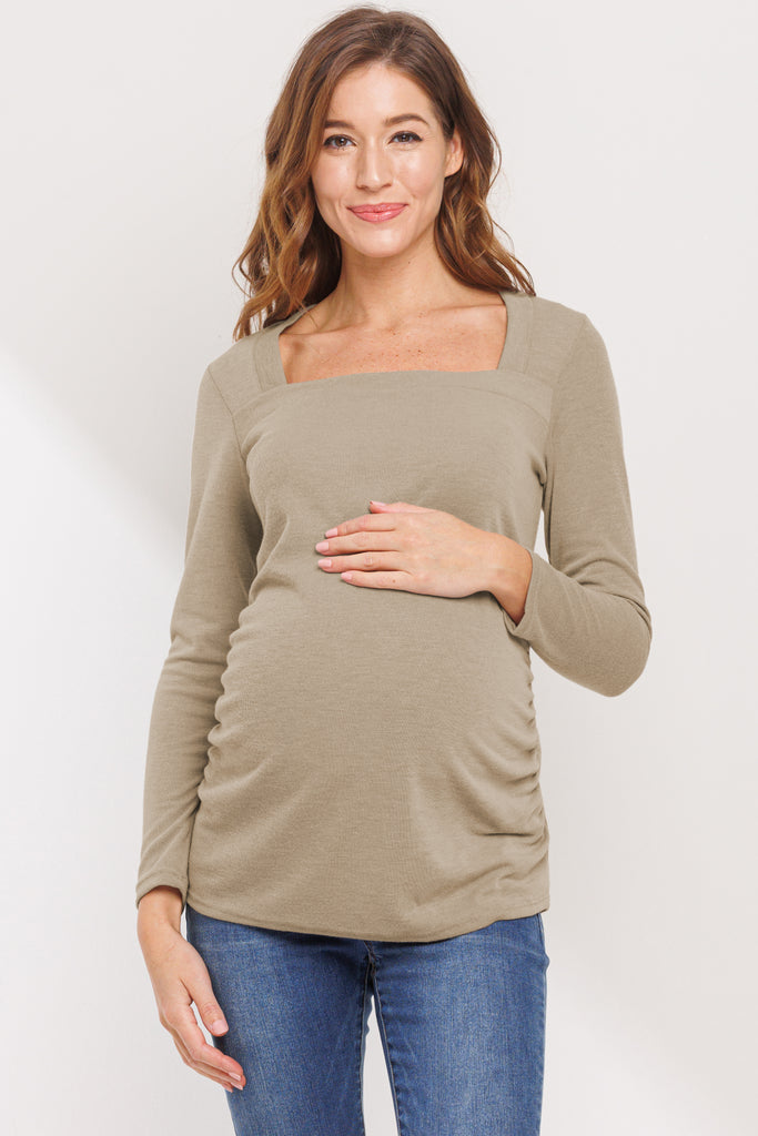 Taupe Square Neck Ruched Side Maternity Top