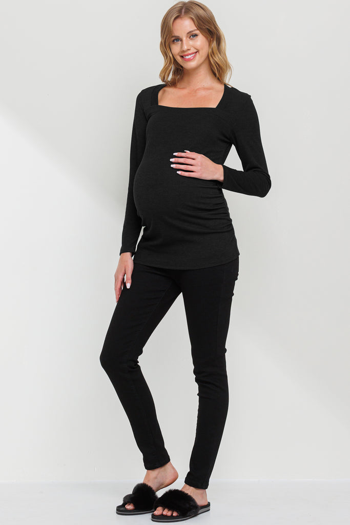 Black Square Neck Ruched Side Maternity Top