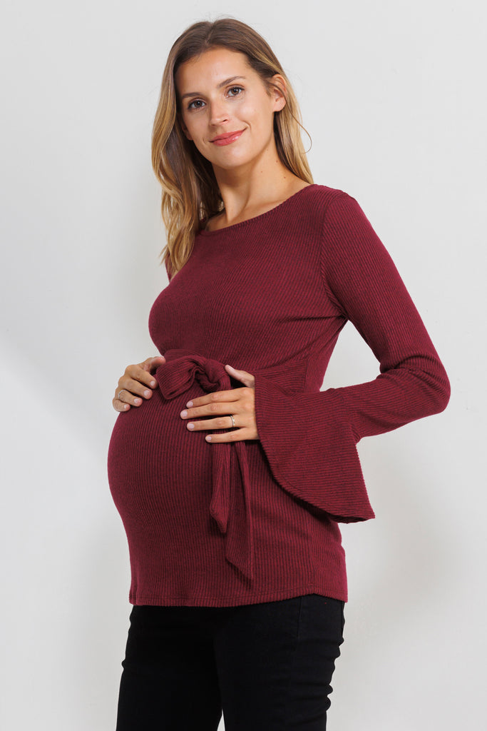 Burgundy Faux-Tie Keyhole Maternity Top With Bell Sleeves