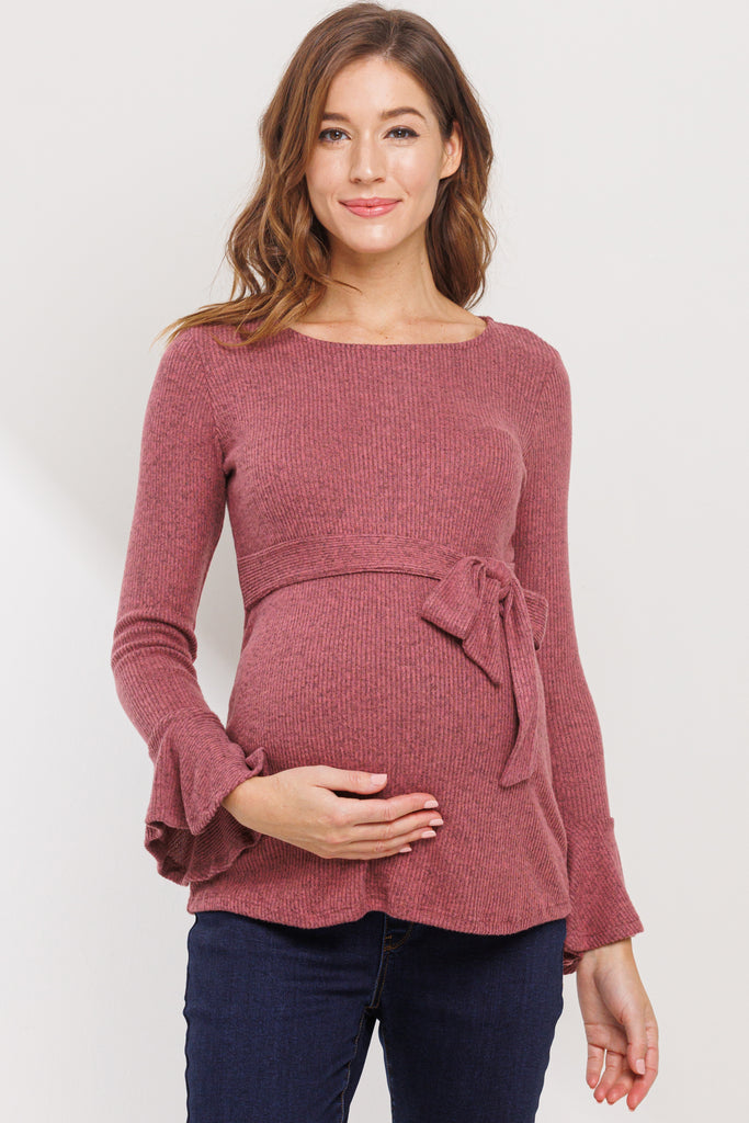 Dusty Rose Faux-Tie Keyhole Maternity Top With Bell Sleeves