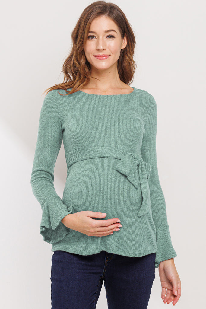 Mint Faux-Tie Keyhole Maternity Top With Bell Sleeves