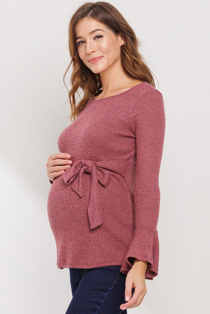 Dusty Rose Faux-Tie Keyhole Maternity Top With Bell Sleeves