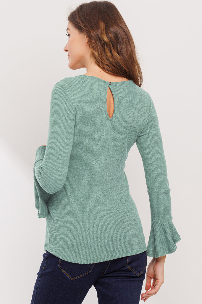 Mint Faux-Tie Keyhole Maternity Top With Bell Sleeves