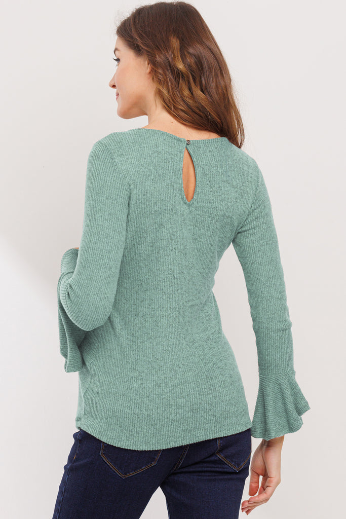 Mint Faux-Tie Keyhole Maternity Top With Bell Sleeves