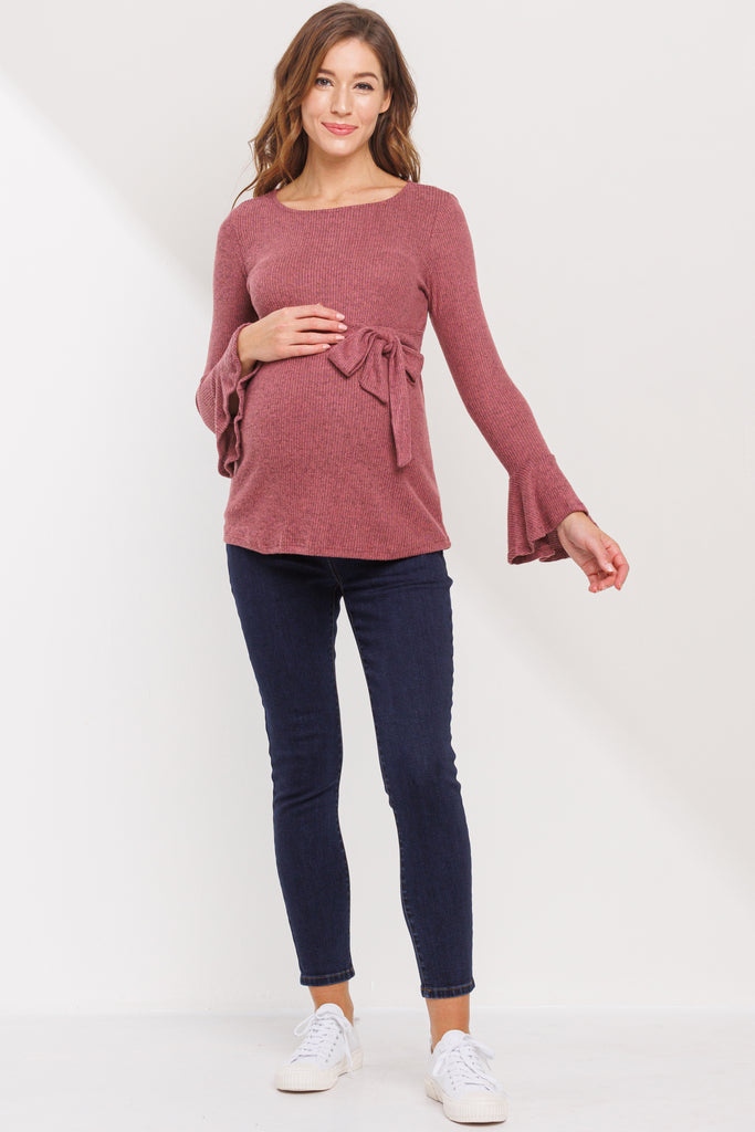 Dusty Rose Faux-Tie Keyhole Maternity Top With Bell Sleeves