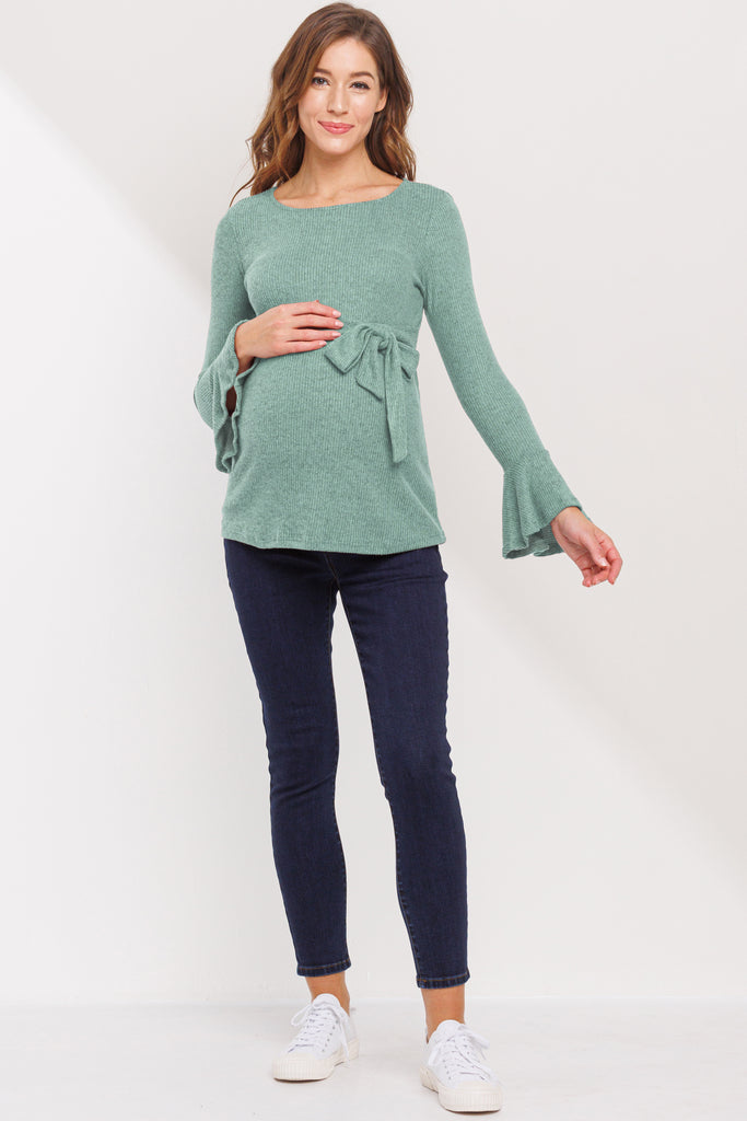 Mint Faux-Tie Keyhole Maternity Top With Bell Sleeves