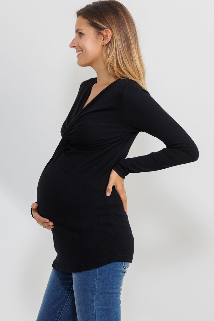 Black Twist Front V-Neck Maternity Top