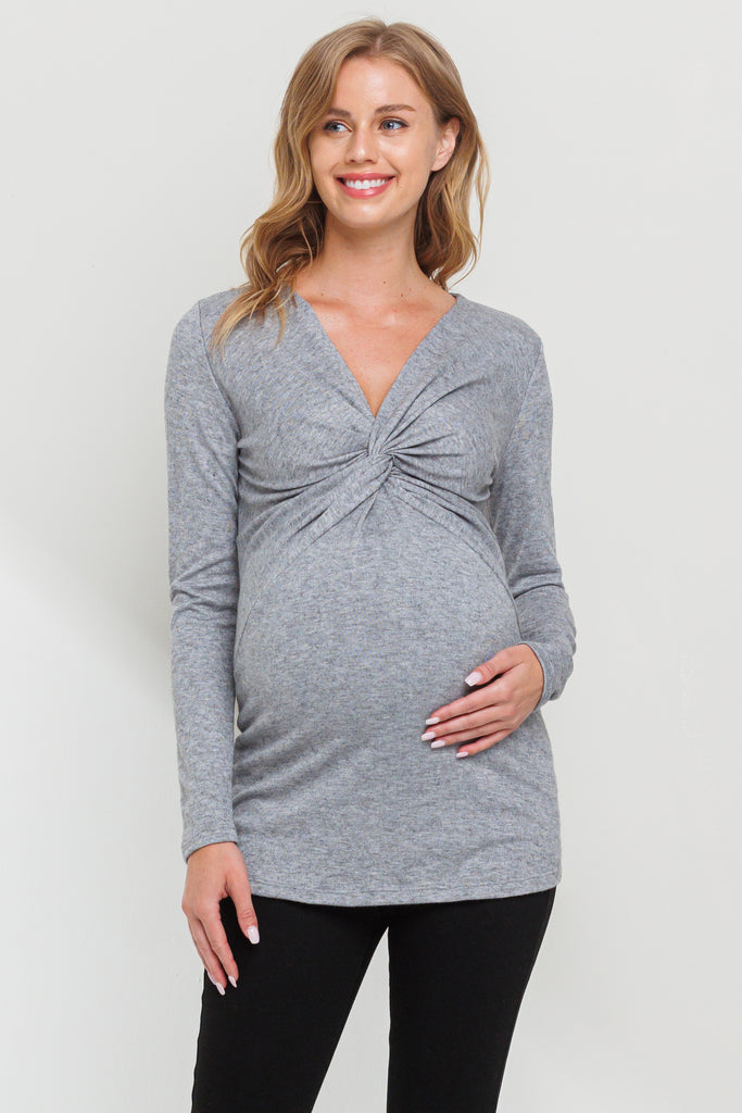 Heather Grey Twist Front V-Neck Maternity Top