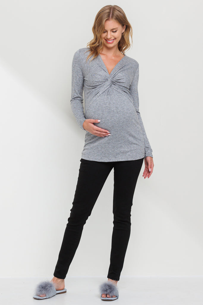 Heather Grey Twist Front V-Neck Maternity Top