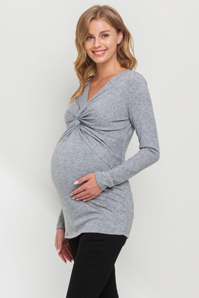 Heather Grey Twist Front V-Neck Maternity Top