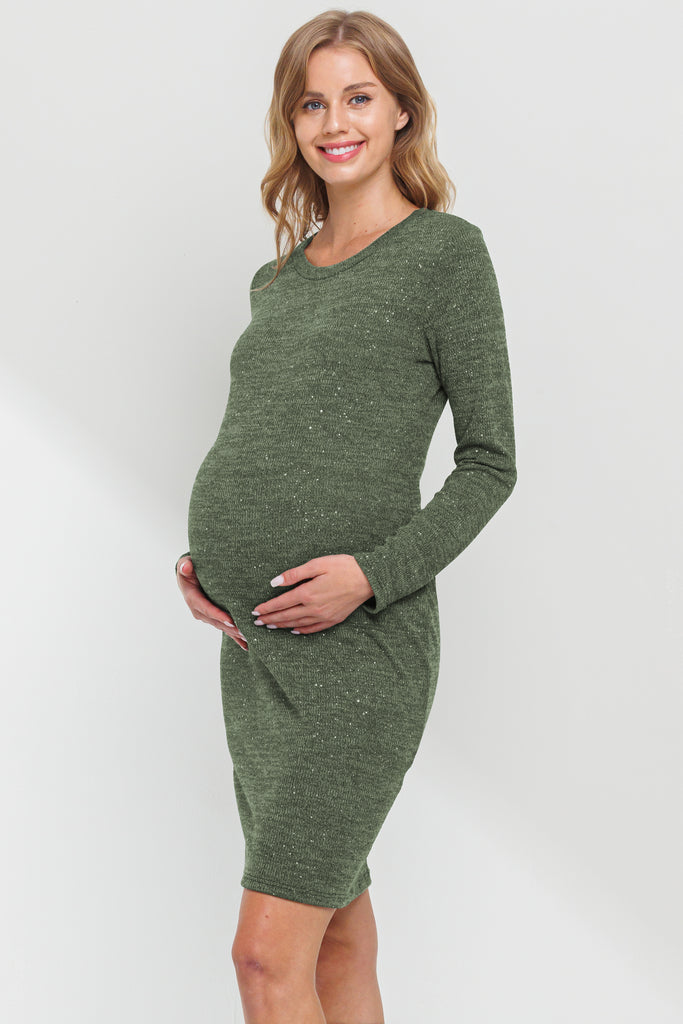 Olive Rib Knit Round Neck Glitter Maternity Dress