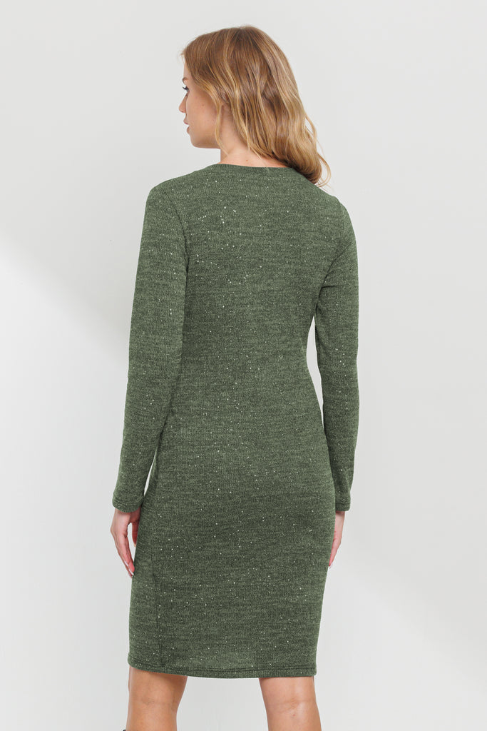 Olive Rib Knit Round Neck Glitter Maternity Dress