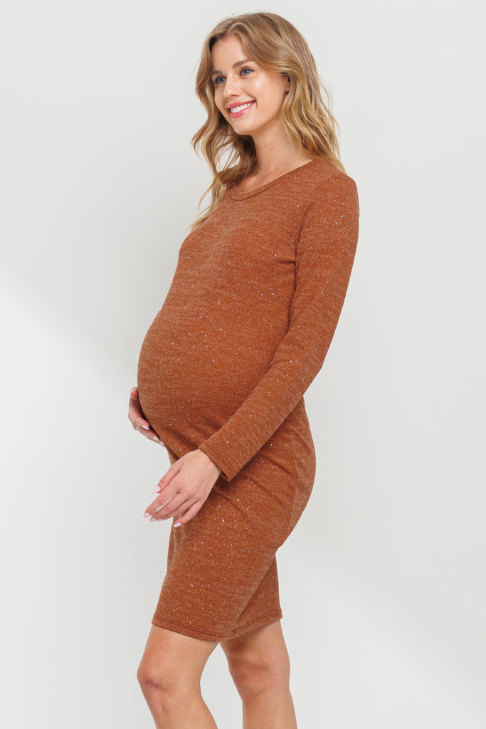 Rust Rib Knit Round Neck Glitter Maternity Dress