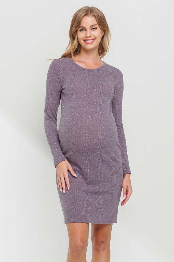 Purple Rib Knit Round Neck Glitter Maternity Dress