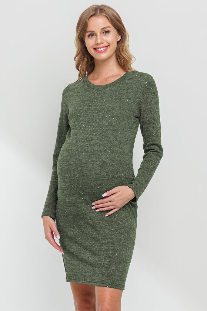 Olive Rib Knit Round Neck Glitter Maternity Dress