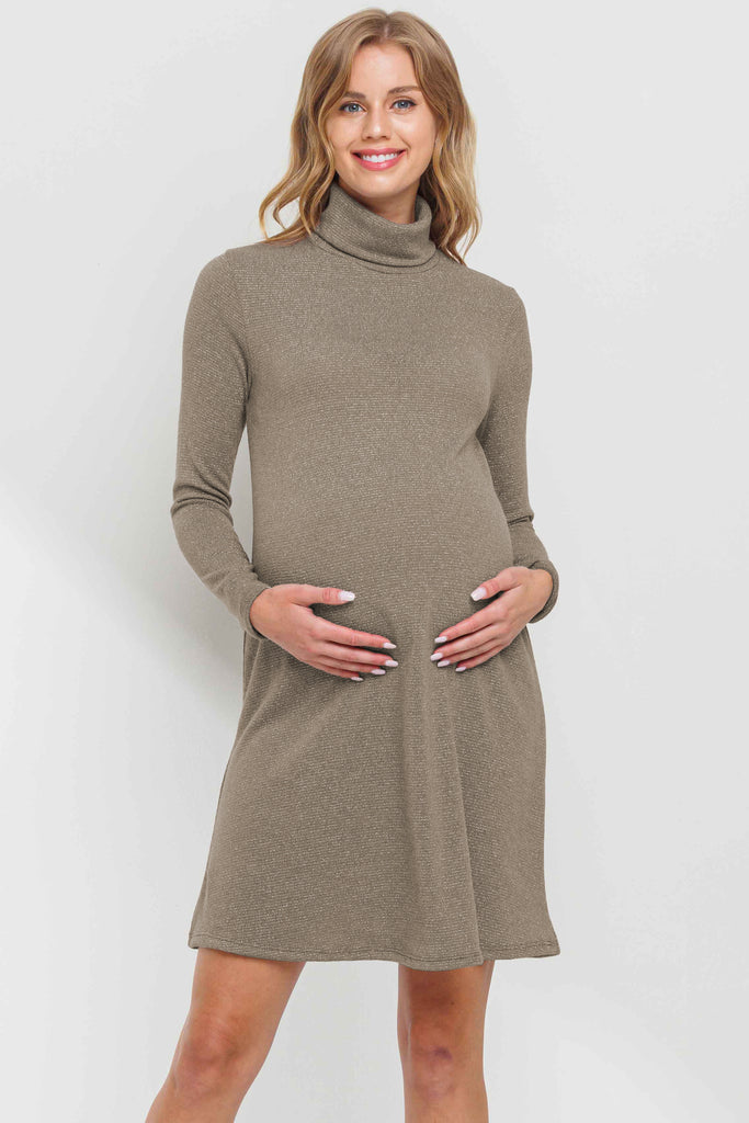 Taupe Turtle Neck Shimmer Maternity Dress