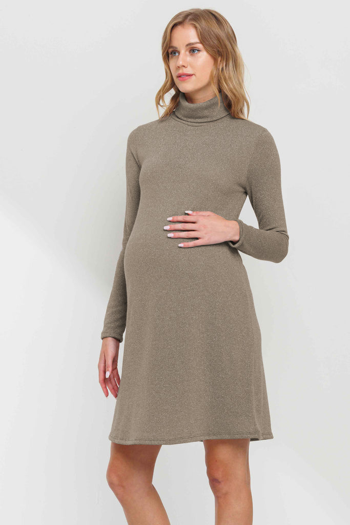 Taupe Turtle Neck Shimmer Maternity Dress